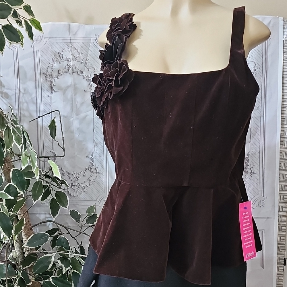 Muse By Marchesa Grove Woven Velvet 3D Rosette Scoop Neck Peplum Top 14 - Picture 2 of 11